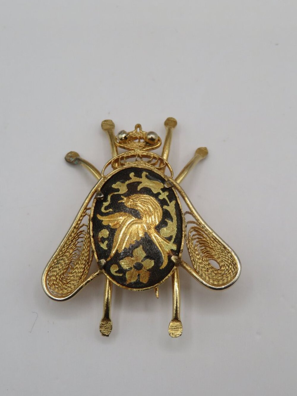 Vintage Damascene Fly Bee Filigree Brooch